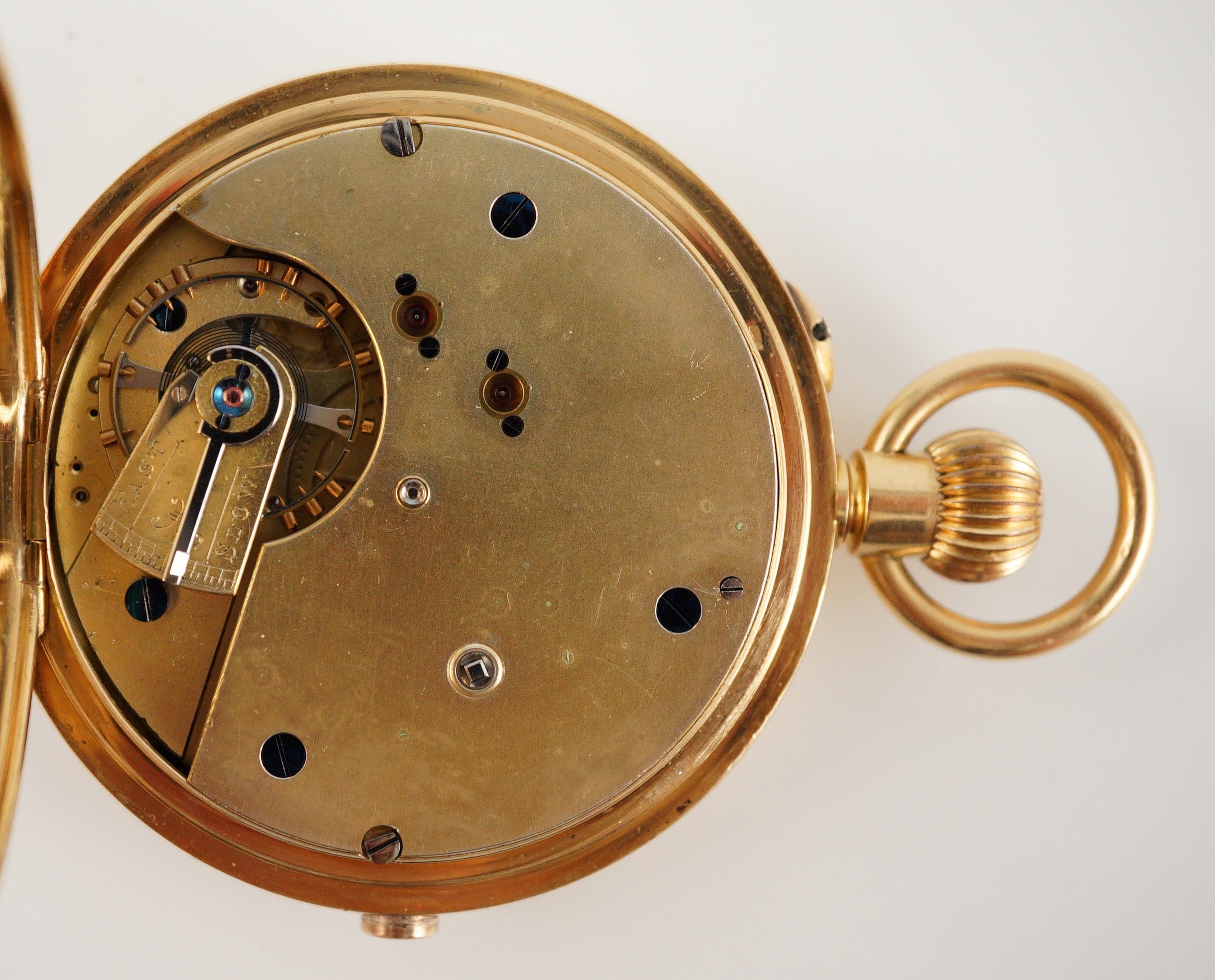 An early 20th century Swiss 18ct gold hunter keyless chronograph pocket watch